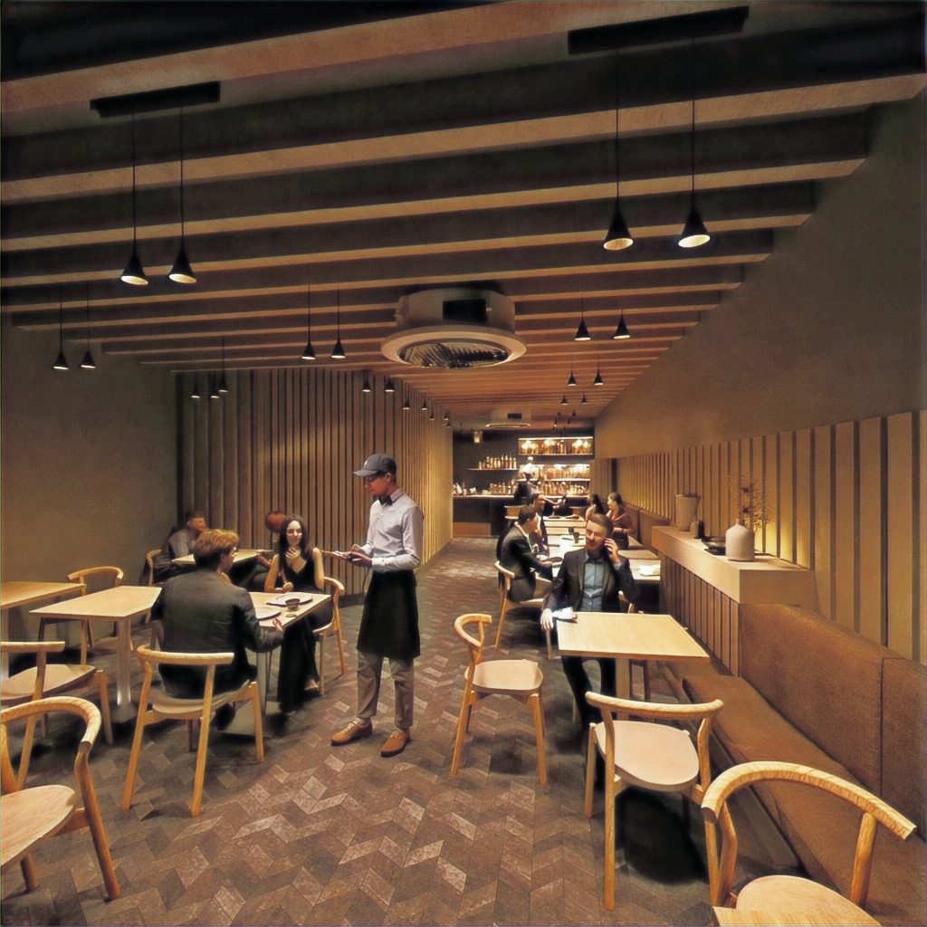 Dining room toward the bar: wood baffle ceiling, vertical sl